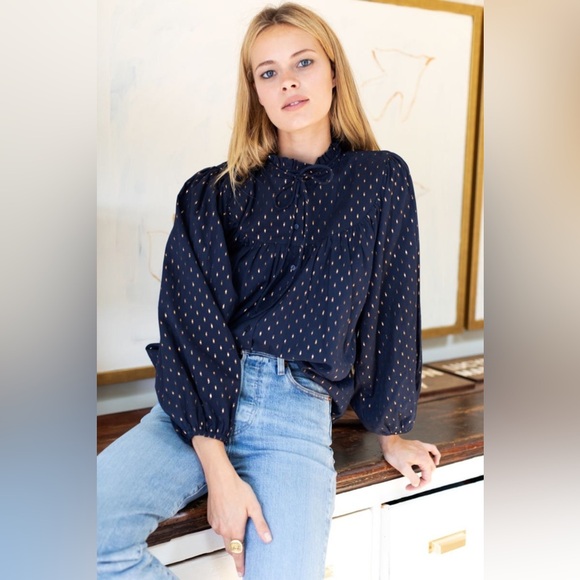 Emerson Fry India Collection Emmaline Top Blue Gold Metallic Blouse Maritime Dot - Picture 3 of 16